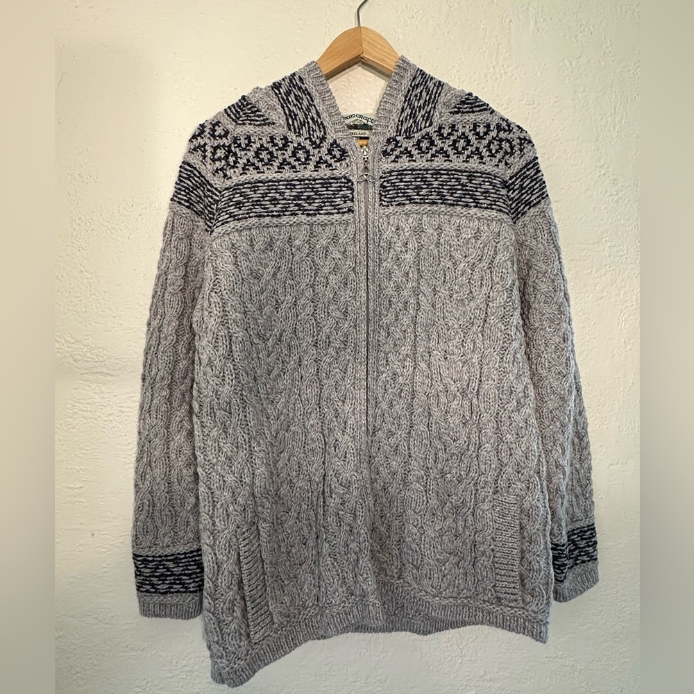 Aran Crafts Gray & Navy Hooded Cable Zip Sweater